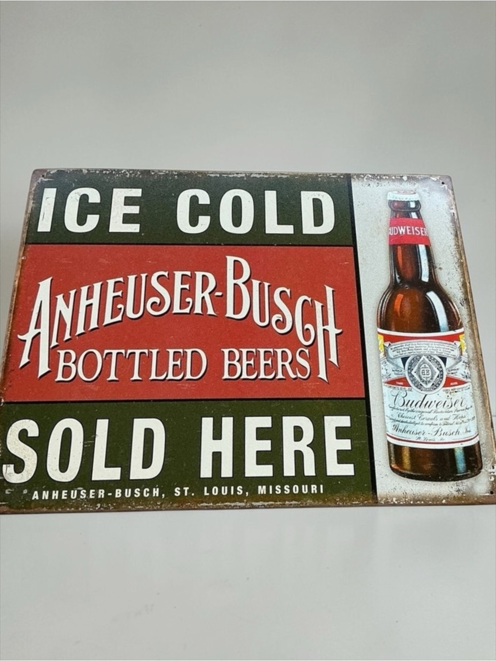 Vintage Budweiser Ice Cold Bottled Beer Metal Tin Sign Anheuser-Busch Bar Decor